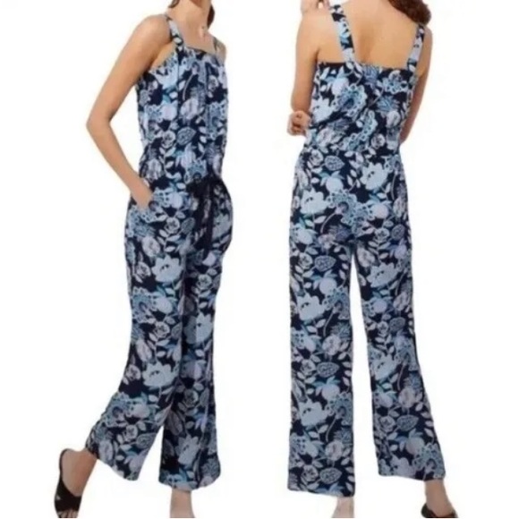 LOFT Pants - LOFT Blue & White Floral Printed Jumpsuit Beachy Pineapple Dream Straps Size 10